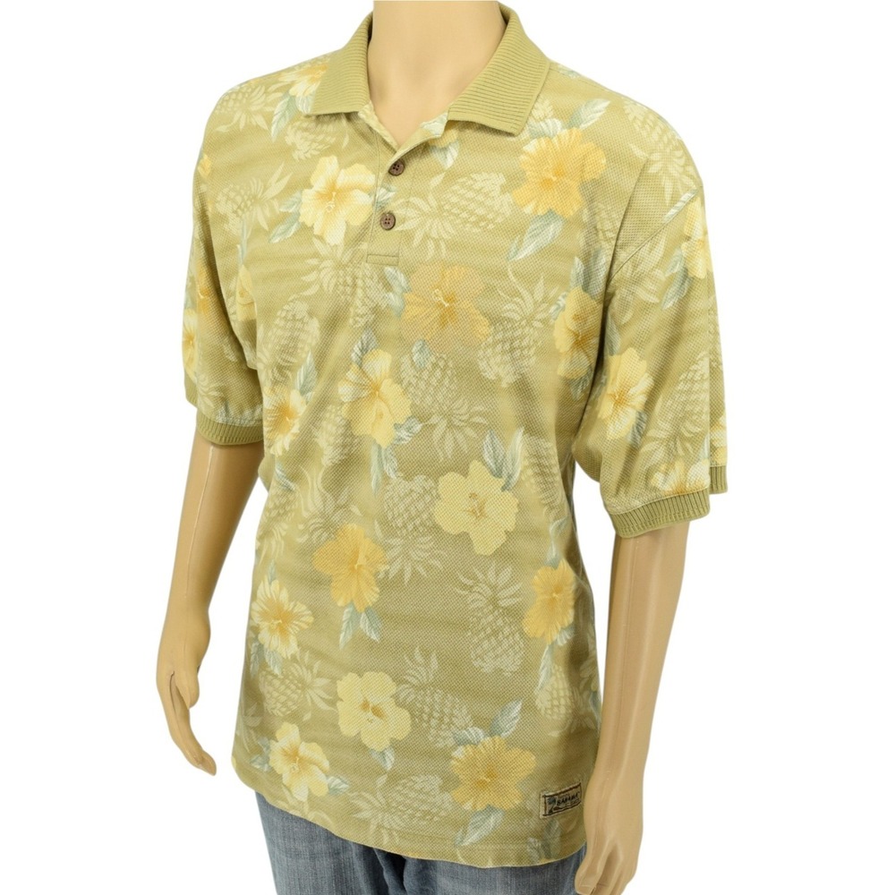 Tommy Bahama Relax Men L Yellow Tropical Hibiscus Floral 100% Cotton Polo T2631